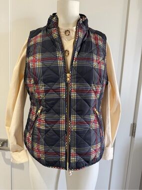 Crown & Ivy Navy Plaid Quilted Puffer Vest in Petite Large